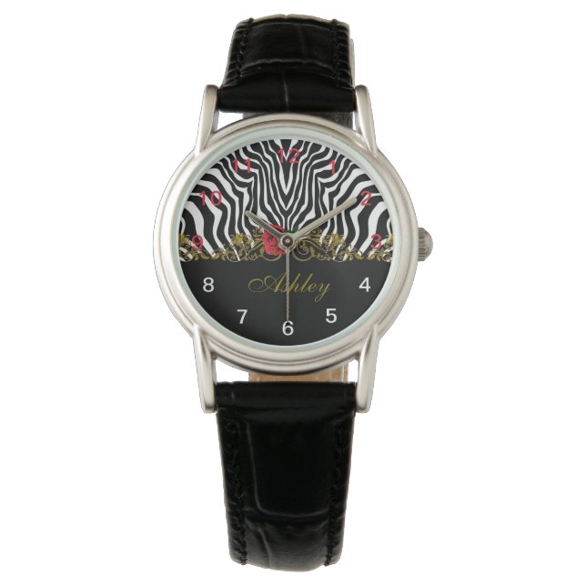 Relógio Abstrato Zebra Flor Vermelho Negro Branco Dourado (Frente)