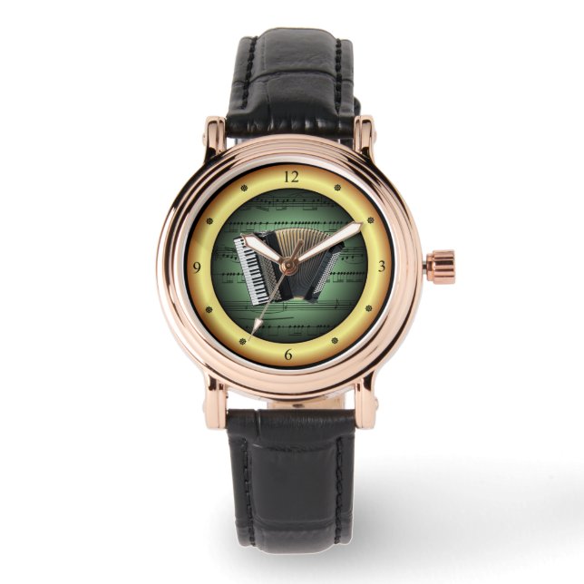 Relógio Acordeão na Sheet Music~Verde em Dourado Fundo~ (Frente)