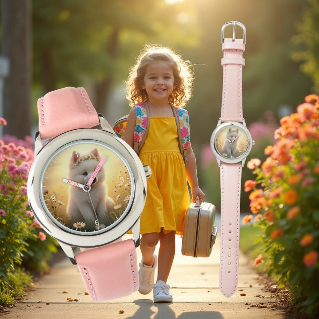 Relógio Adorável cachorrinho Spitz branco, crianças  (Criador carregado)