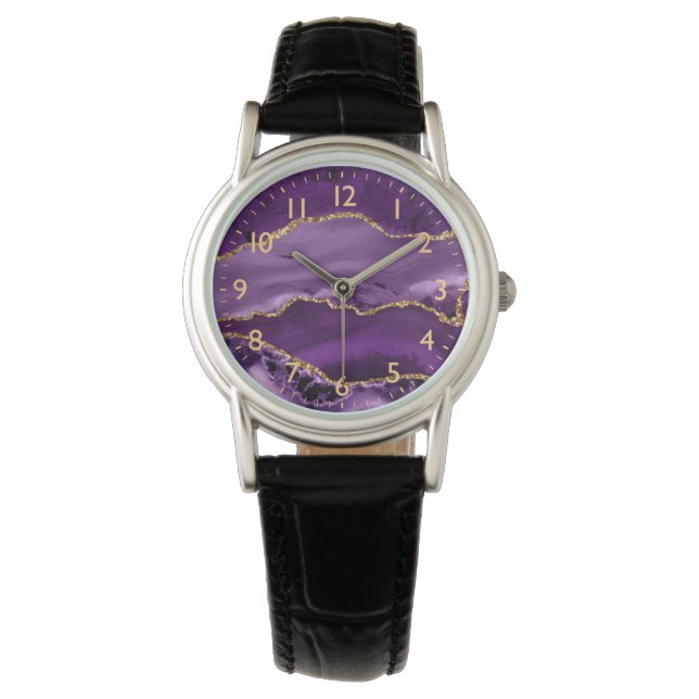 Relógio Ágata de Mármore Brilho Roxo e Dourado Falso (Frente)