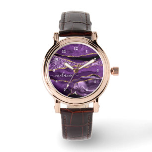 Relógio Ágata Roxo Violeta Dourado com Brilho e Se