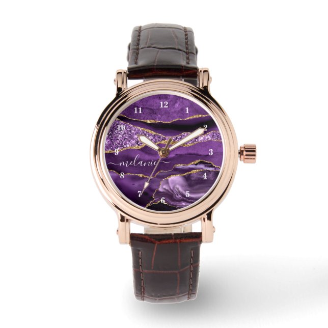Relógio Ágata Roxo Violeta Dourado com Brilho e Se (Frente)