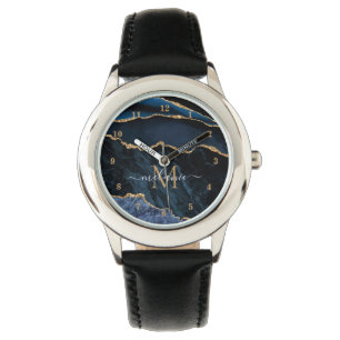 Relógio Agate Marinho Azul Dourado Marble Custom Name Watc