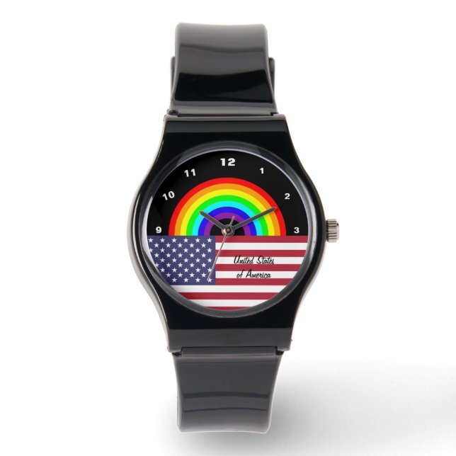 Relógio American Flag Rainbow watch, love USA, orgulho LGB (Frente)