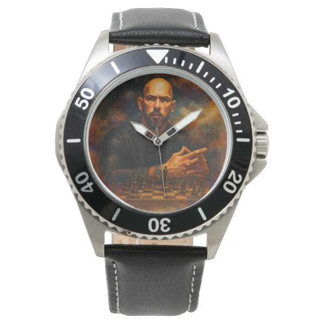 Relógio Andrew Tate Stainless Steel Black Leather Watch (Frente)