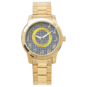 Relógio Anel Geométrico de Ouro Quadrados Azuis