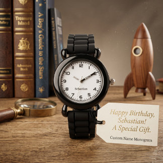 Relógio Aniversário Preto Branco Nome Personalizado Menino