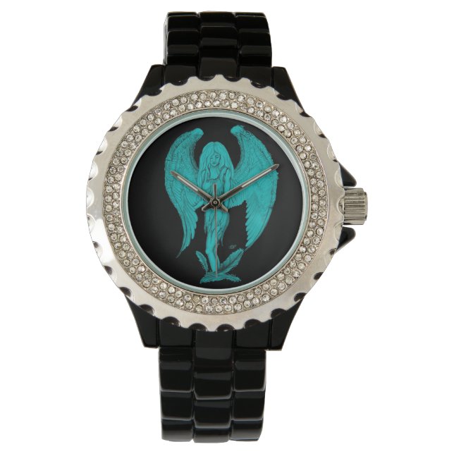 Relógio Anjo preto e design verde (Frente)