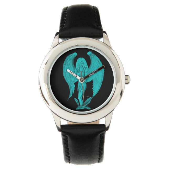 Relógio Anjo preto e design verde (Frente)