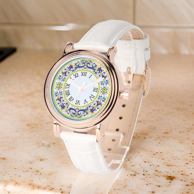 Relógio Antico Italiano Deruta Intriciar Damas Florais Azu (Zazzle Italian Antico Deruta Intricate Blue Floral Ladies Watch)