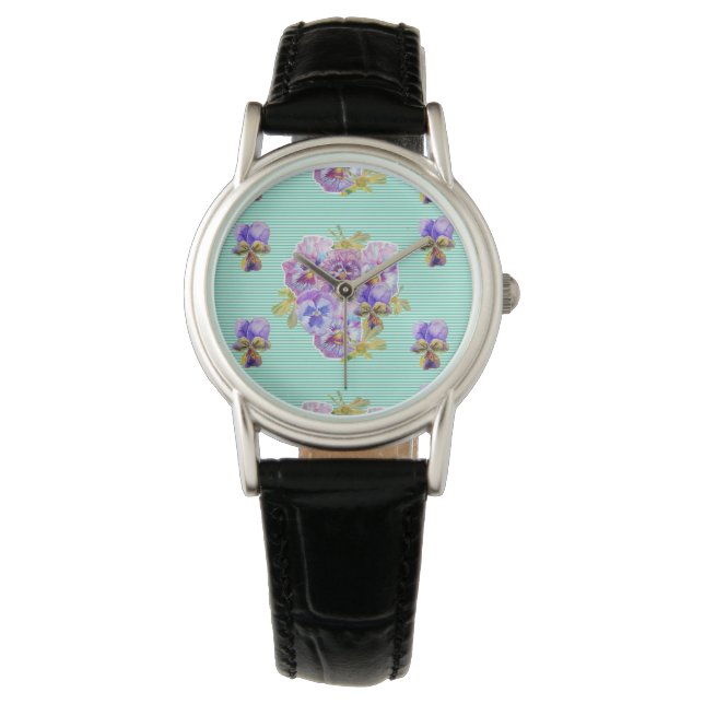 Relógio Aqua Stripe Shabby Pansy flores florais Watch (Frente)