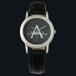 Relógio Aqua Teal Blue Script Girly Monographic Name<br><div class="desc">Controle de Nome Simples de Script de Azul Negro e Azul-Aqua Isso faz a formatura perfeita,  aniversário,  casamento,  chá de panela,  aniversário,  chá de fraldas ou presente de festa de solteira para alguém que ama luxo de vidro e estilos quíticos.</div>