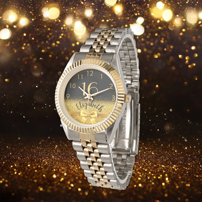 Relógio arco elegante do nome do ouro preto de 16 anos (Criador carregado)