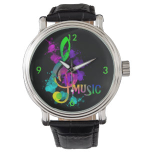 Relógio Arco-Íris Brilho Treble Clef Music Paint Splatter