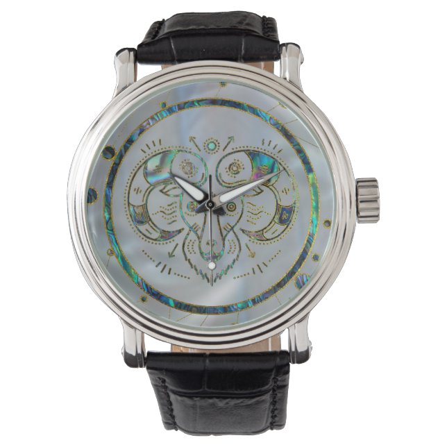 Relógio Aries Zodiac Dourado Abalone sobre constelação (Frente)