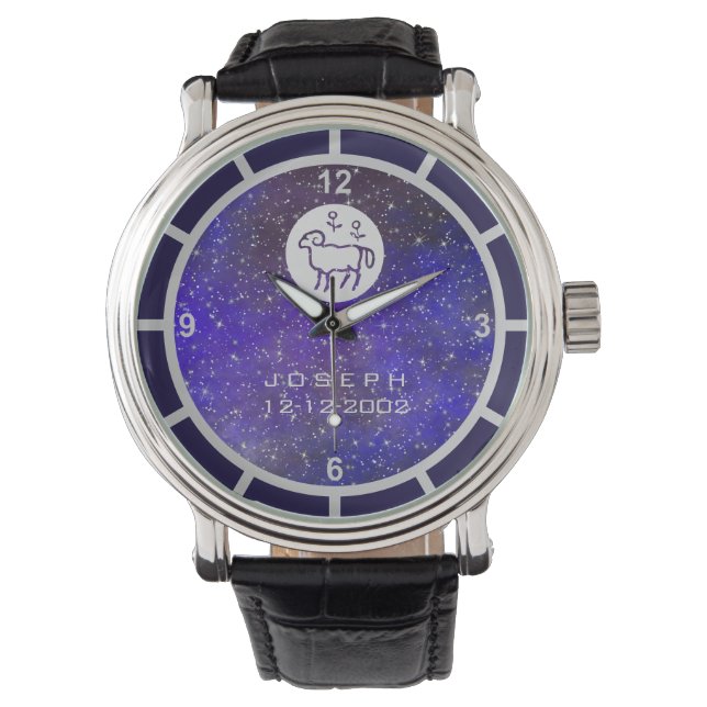Relógio Aries Zodiac Sinal Elegante Nome Personalizado Dat (Frente)