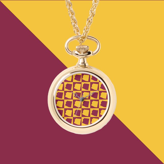 Relógio Arizona US State Maroon and Gold Pattern (A maroon and gold pattern featuring Arizona on a watch necklace.)