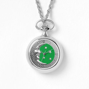 Relógio Art Deco Moon and Stars, Jade Green e Silver