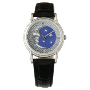 Relógio Art Deco Moon e estrelas - Cobalto Azul e Prata