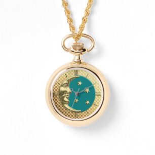 Relógio Art Deco Moon e Estrelas, Teal e Dourada Watch