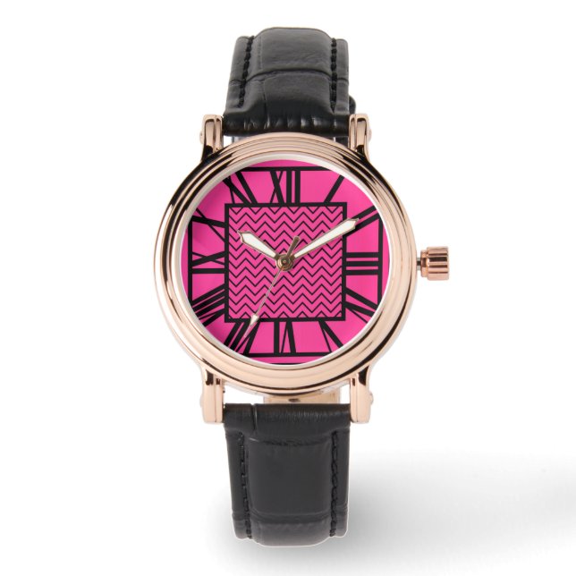 Relógio Art Deco Pattern, fuchsia rosa (Frente)