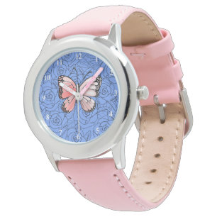 Relógio Arte cor-de-rosa da borboleta e dos rosas -