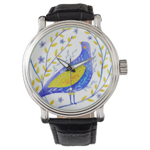 Relógio Arte de Pássaros Azul e Amarelo de Cor das Águas M
