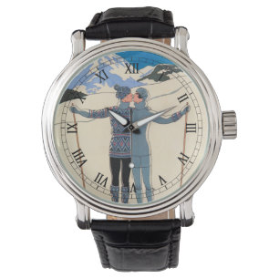 Relógio Arte Deco Antiga, Amantes na Neve por George Barbi