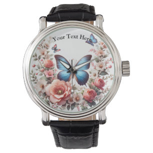 Relógio Arte Floral de Borboleta Azul Personalizável-96279