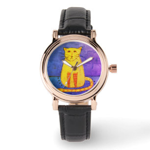 Relógio Arte Vestível Abstrata de Gato Amarelo