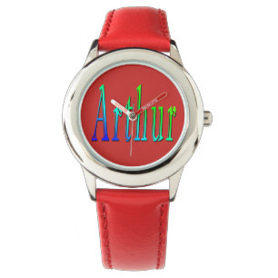 Relógio Arthur, Nome, Logotipo, Boys Red Leather Watch.