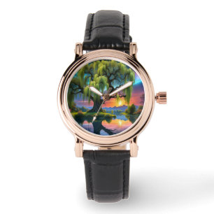 Relógio Árvore selvagem sob a lua cheia N Starry sky Sunse