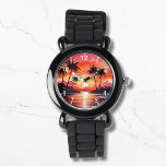 Relógio Árvores de Palma Solares de Praia Tropical de Aqua<br><div class="desc">Watercolor Tropical Beach Sunset Palm Trees Watches apresenta um pôr de sol de praia tropical com aquarela com silhueta de palmeiras. Criado pelo Evco Studio www.zazzle.com/store/evcostudio</div>