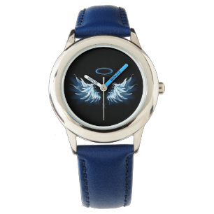 Relógio Asas Anjos Azuis Brilhantes em fundo preto