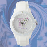 Relógio Assista a um Design Floral com Nome e Inicial<br><div class="desc">Design apresenta Monograma & Nome com Flores em ambos os lados no estilo pastel de cor de água. O nome de exemplo é Thelma. Cuidado com o nome cristão. Altere o nome conforme desejado para qualquer pessoa com um nome que comece com T.</div>
