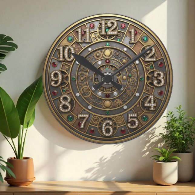 Relógio astrológico, Steampunk, Industrial, Gems (Industrial Steampunk Mechanical Jeweled Clock)
