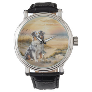 Relógio Australian Shepherd em uma enseada de praia