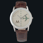 Relógio avião de na moda com nome e nome iniciais do pilot<br><div class="desc">Cuidado marrom personalizado com o tema do ar para admiradores de aviões</div>