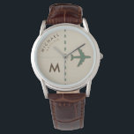Relógio avião de na moda com nome e nome iniciais do pilot<br><div class="desc">Cuidado marrom personalizado com o tema do ar para admiradores de aviões</div>