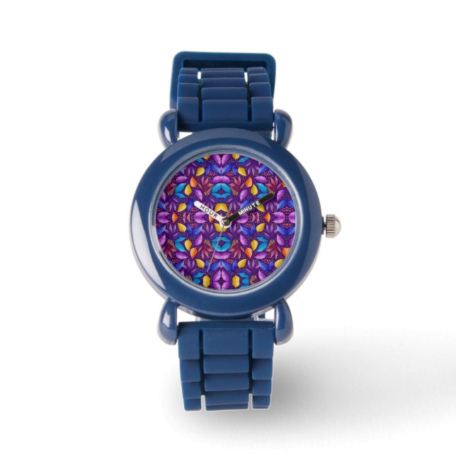 Relógio azul com um vibrante desenho de mandala  (Frente)