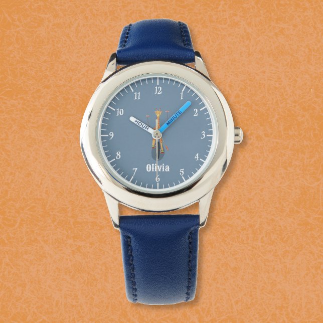 Relógio Azul Girafa num Uniciclo Criança com Nome (Funny giraffe on a unicycle kid personalized beginner watch .)