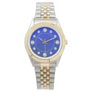 Relógio Azul Lapis Diamante Solitaire Disque Aço Dourado