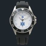 Relógio Azul|White EMT Personalizada Monograma Watch<br><div class="desc">Um relógio azul e branco monograma, com símbolo médico EMT e um ponto para o nome do seu receptor de presente e monograma inicial de sobrenome. Um presente de excelente para qualquer pessoa que seja um EMT/PARAMEDIC ou mesmo um bombeiro ou voluntário, ou qualquer membro orgulhoso da comunidade médica. Este...</div>