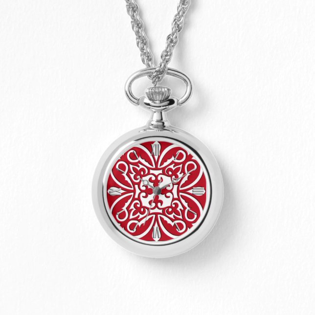 Relógio Azulejo marroquino - vermelho escuro e branco (Frente)