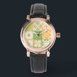 Relógio azulejos ornamentados em verde e amarelo<br><div class="desc">Azulejos coloridos desenhados à mão,  design decorativo floral,  azulejos ornamentados</div>