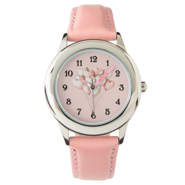 Relógio Balões de Corações Rosa Creme   (Frente)