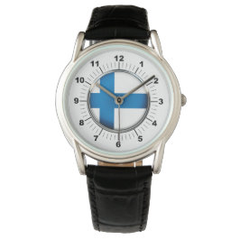 Relógio Bandeira da Finlândia Coroa de Couro Negro