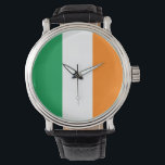 Relógio Bandeira da Irlanda<br><div class="desc">A bandeira irlandesa é uma tribanda vertical. As cores usadas na bandeira são verde,  branco,  laranja. A proporção da bandeira irlandesa é de 1:2. A bandeira da Irlanda foi adotada em 1919.</div>