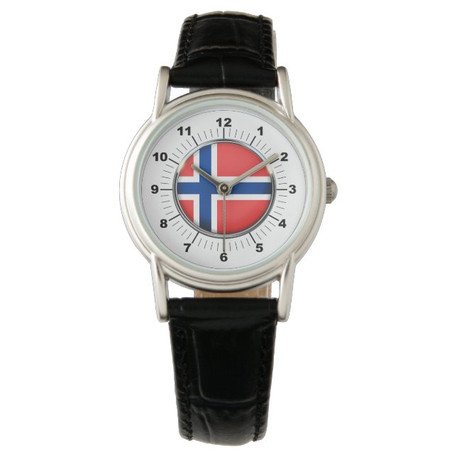 Relógio Bandeira da Noruega Classic Black Leather Watch (Frente)