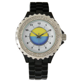 Relógio Bandeira da Ucrânia Rhinestone Black Enamel Watch